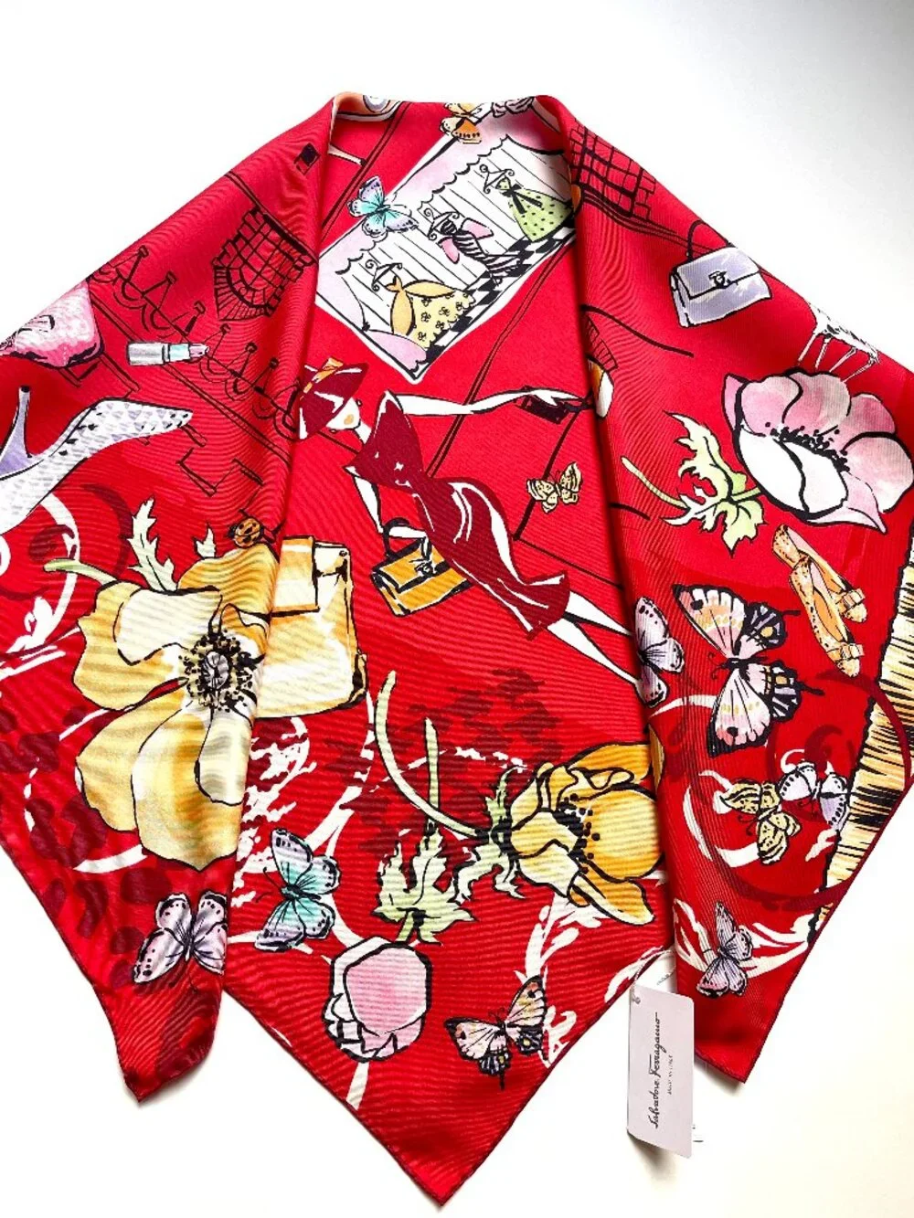 New Salvatore Ferragamo Icone Red Multicolor Silk Scarf